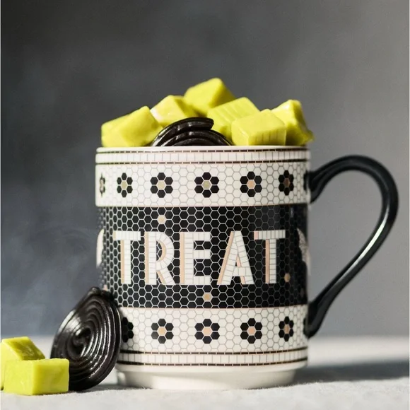 NEW Anthropologie Bistro Tile Halloween Coffee Mug Trick or Treat Bat 24K Gold - Picture 2 of 4